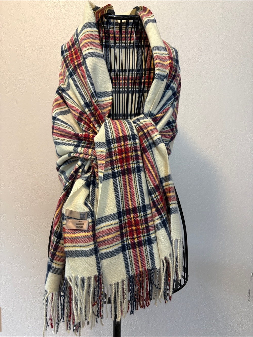 LOOK poly cream plaid blanket scarf
